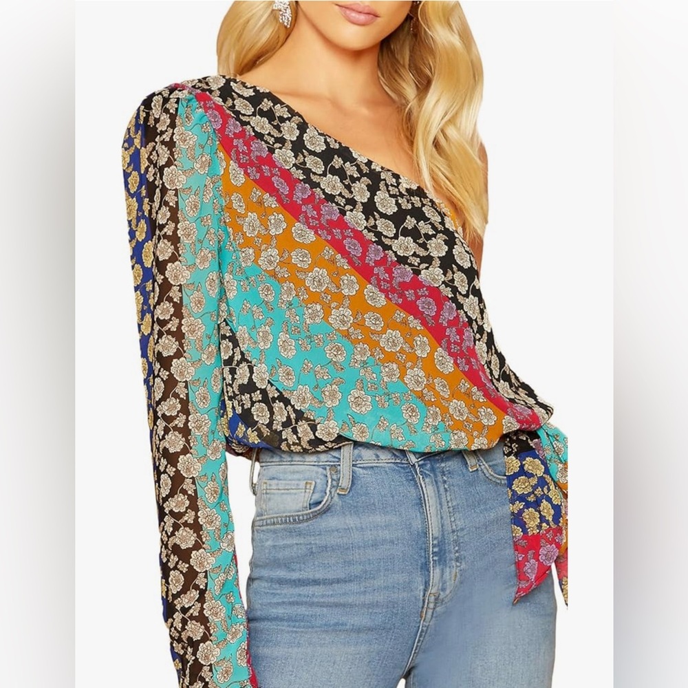 Sexy One-Shoulder Floral Stripe Tie-Hem Blouse in Multicolor NWOT Size Medium